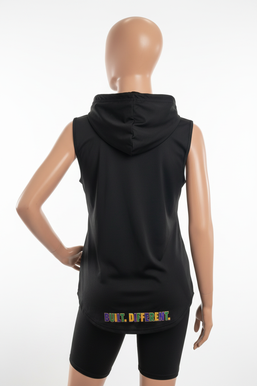 Women’s Built Different Sleeveless Hooded Workout Top